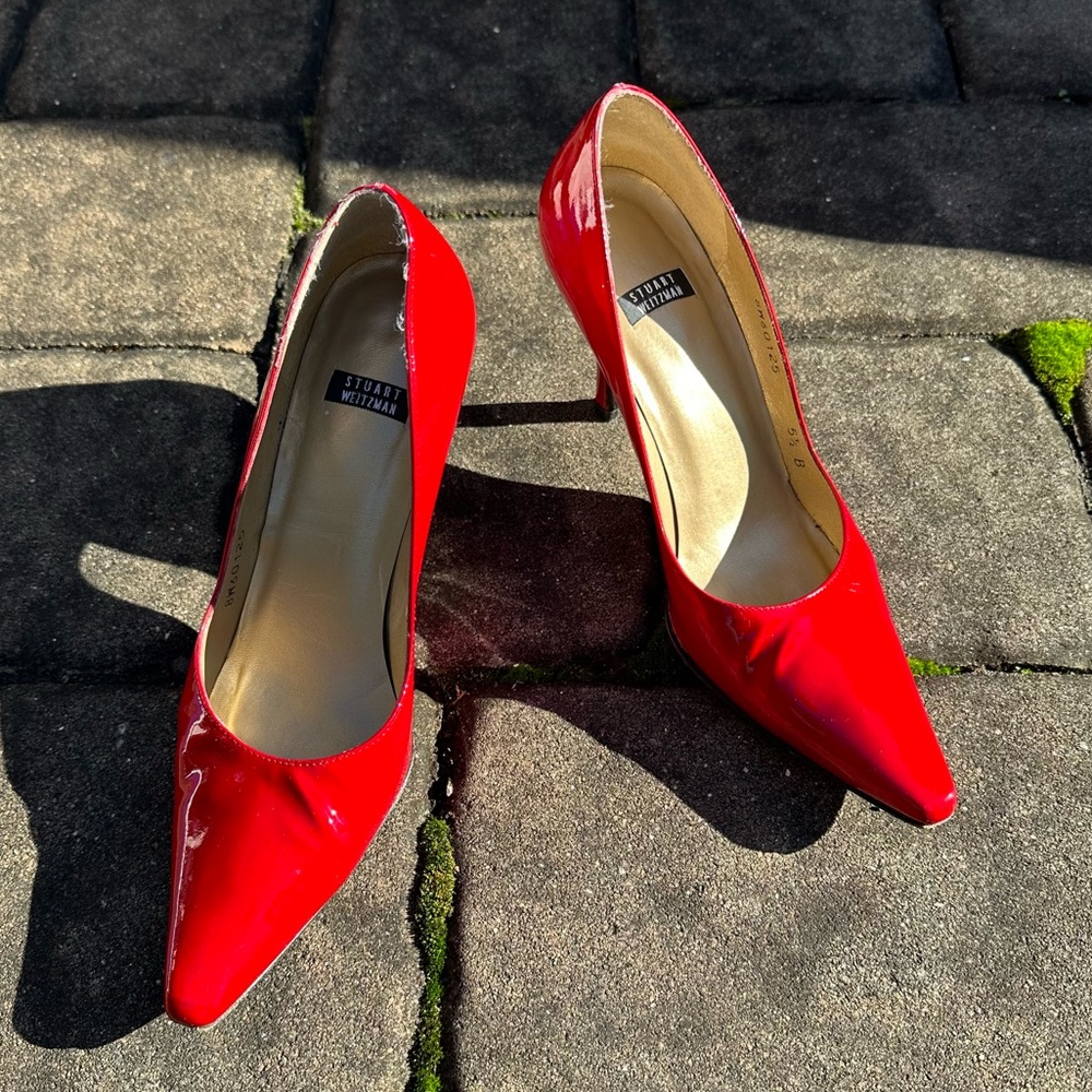 Stuart Weitzman Ruby Red Pointy Toe Patent Pumps - image 1